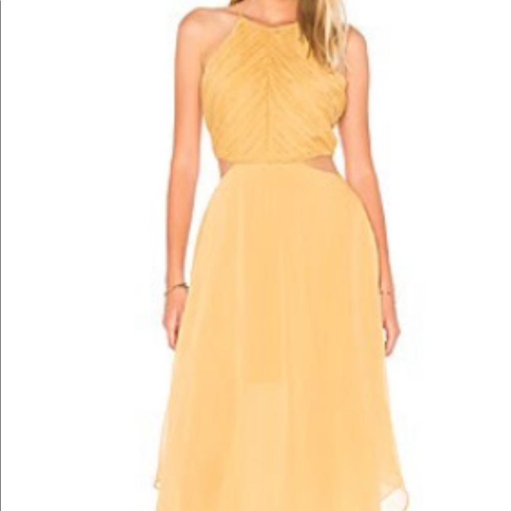 High neck golden chiffon dress with side cutouts